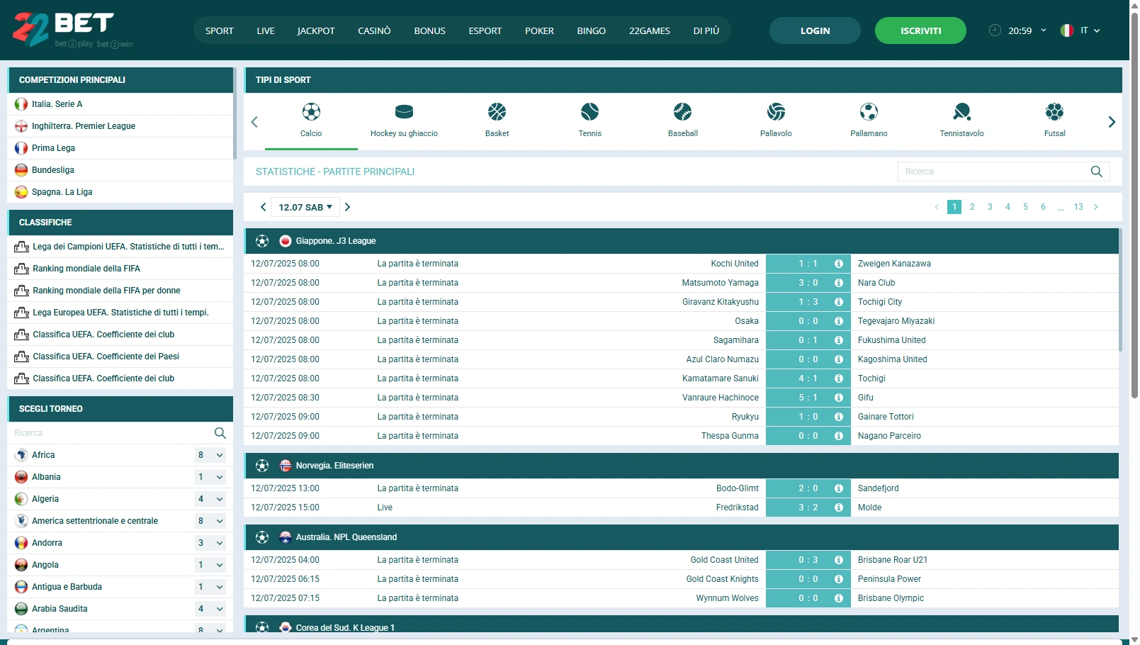22bet scommesse live stats